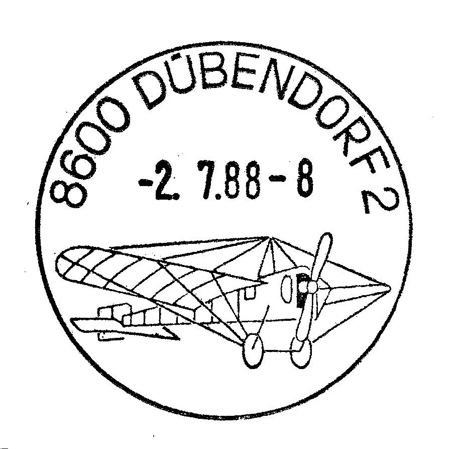 Der sogenannte Blériot-Stempel, der noch 2017 in Verwendung war, bis die Poststelle im Flugfeldquartier geschlossen wurde. Poststempel mit Aviatik-Motiv